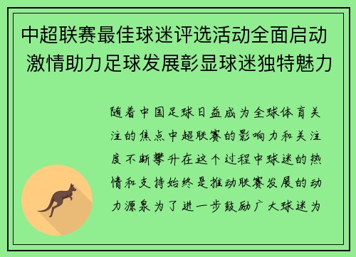 中超联赛最佳球迷评选活动全面启动 激情助力足球发展彰显球迷独特魅力