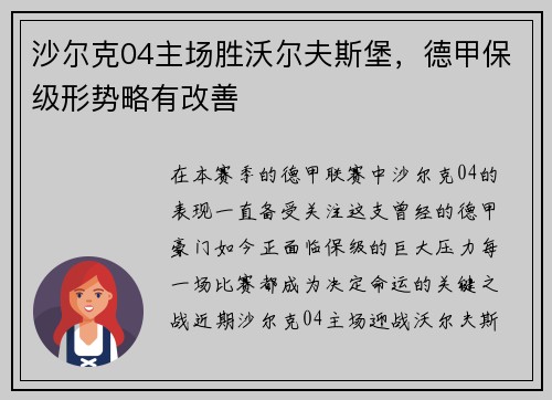 沙尔克04主场胜沃尔夫斯堡,德甲保级形势略有改善